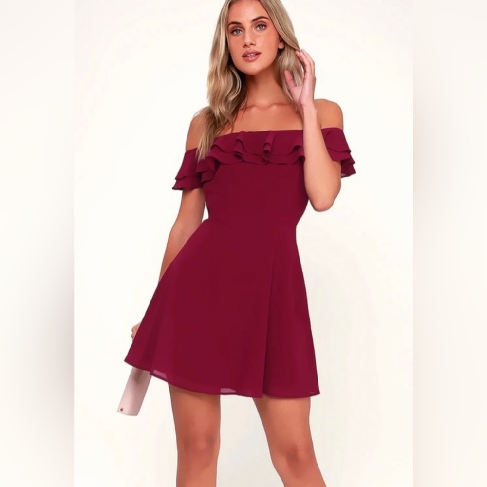 Lulu’s Win Your Heart Ruffle Off-the-Shoulder Skater Dress